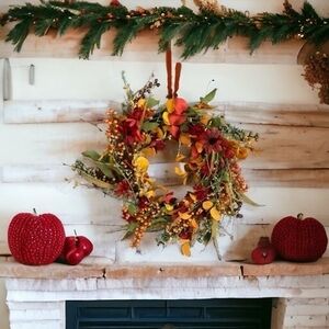 Artificial Fall Autumn Door Wreath 16" Berries Leaves Flowers Multicolor